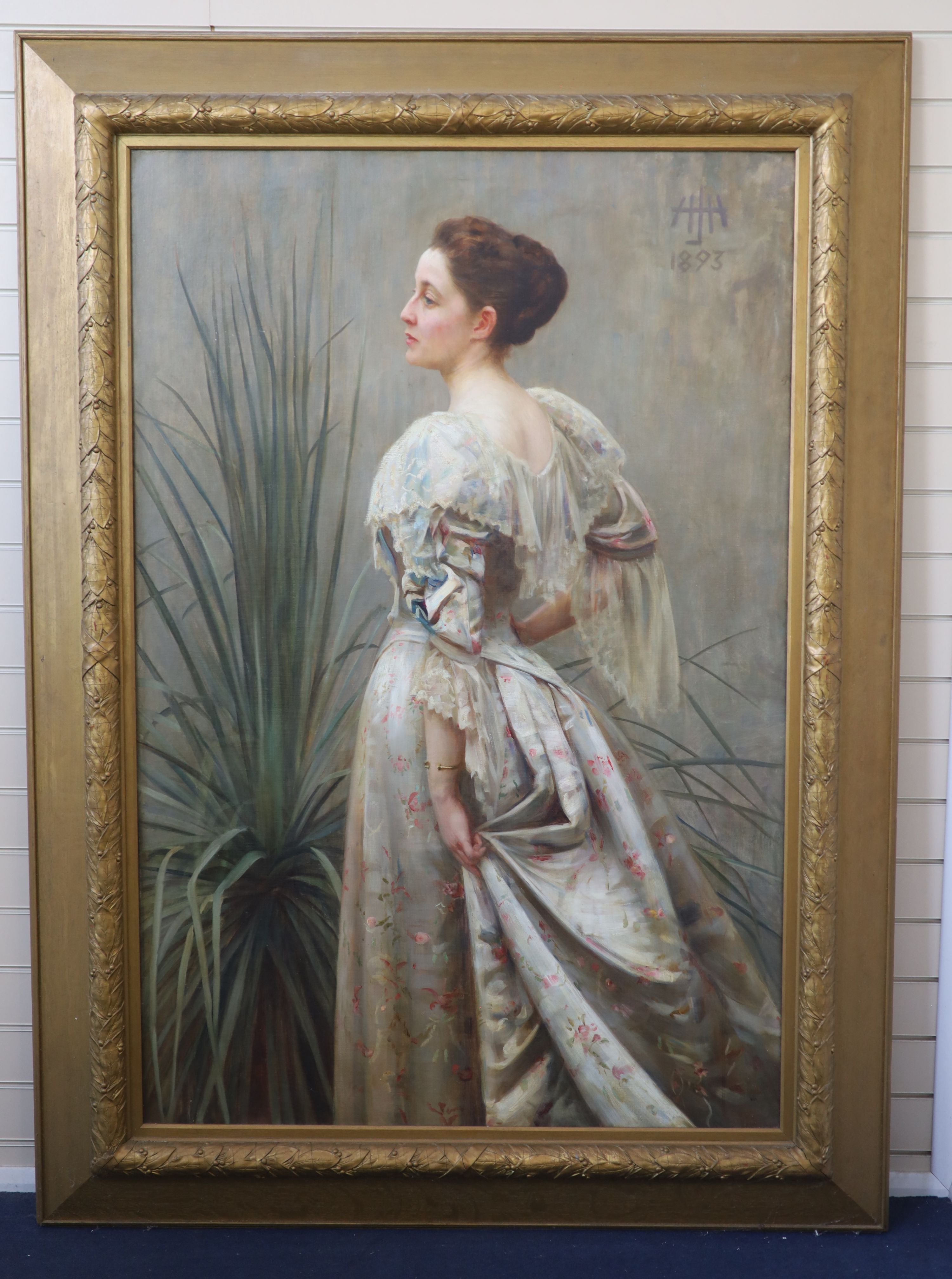Henry John Hudson (1881-1912), Portrait of a lady standing in an elegant ballgown, beside a palm, Oil on canvas, 152 x 101cm.
